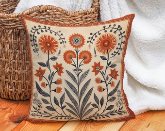 Terrakotta Volkskunst-Kissen, Orange-weißes Blumensommer-Waldkissen, stilvolles Housewarminggeschenk, einzigartiges Dekorgeschenk, nur Fall