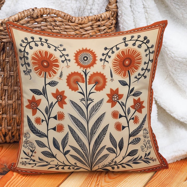 Terracotta Folk Art Pillow, Orange White Floral Summer Woodland Cushion, Stylish Housewarming Gift, Unique Decor Gift, Case Only