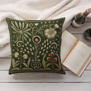 Olive Green Folk Art Pillow, Green Red Floral Summer Woodland Cushion, Unique Housewarming Gift, Nordic Home Decor, Case Only image 3
