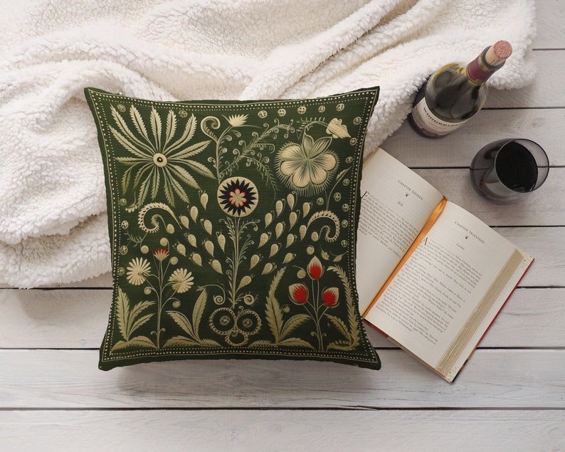 Olive Green Folk Art Pillow, Green Red Floral Summer Woodland Cushion, Unique Housewarming Gift, Nordic Home Decor, Case Only image 3