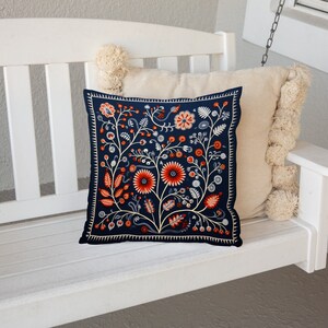 Orange, Grey, and Cream Woodland Pillow Case, Blue Floral Cushion Cover, Unique Home Decor, Perfect Housewarming Gift, Case Only image 5
