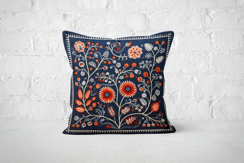 Orange, Grey, and Cream Woodland Pillow Case, Blue Floral Cushion Cover, Unique Home Decor, Perfect Housewarming Gift, Case Only image 1