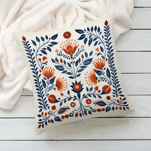 Orange and Blue Woodland Pillow Case, Cream Floral Cushion Cover, Unique Home Decor, Perfect Housewarming Gift, Case Only image 6