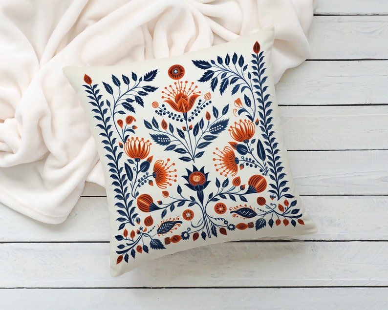 Orange and Blue Woodland Pillow Case, Cream Floral Cushion Cover, Unique Home Decor, Perfect Housewarming Gift, Case Only image 6
