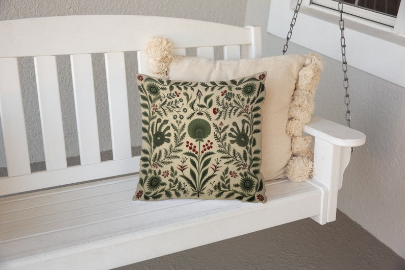 Summer Woodland Pillow in Sage Green, Floral Folk Art Pillow Cover, Ideal Housewarming Gift, Decorative Green Nordic Accent, Case Only image 5