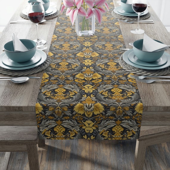 Ochre Yellow Slate Gray Table Runner William Morris Inspired