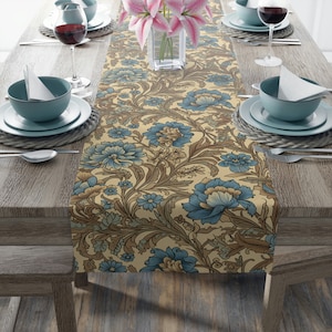 Coastal Blue & Sandy Beige Table Runner, William Morris Inspired Floral, Coastal Dining Decor, 72 or 90 Inches
