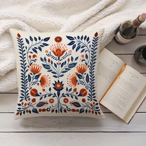 Orange and Blue Woodland Pillow Case, Cream Floral Cushion Cover, Unique Home Decor, Perfect Housewarming Gift, Case Only image 3