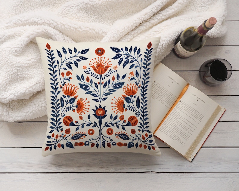 Orange and Blue Woodland Pillow Case, Cream Floral Cushion Cover, Unique Home Decor, Perfect Housewarming Gift, Case Only image 3
