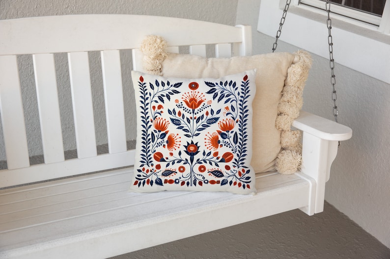 Orange and Blue Woodland Pillow Case, Cream Floral Cushion Cover, Unique Home Decor, Perfect Housewarming Gift, Case Only image 5