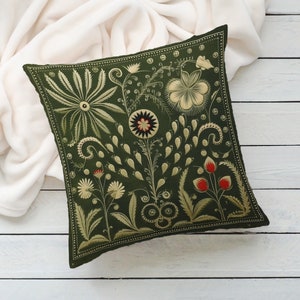 Olive Green Folk Art Pillow, Green Red Floral Summer Woodland Cushion, Unique Housewarming Gift, Nordic Home Decor, Case Only image 6