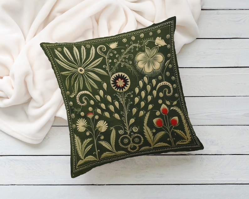 Olive Green Folk Art Pillow, Green Red Floral Summer Woodland Cushion, Unique Housewarming Gift, Nordic Home Decor, Case Only image 6