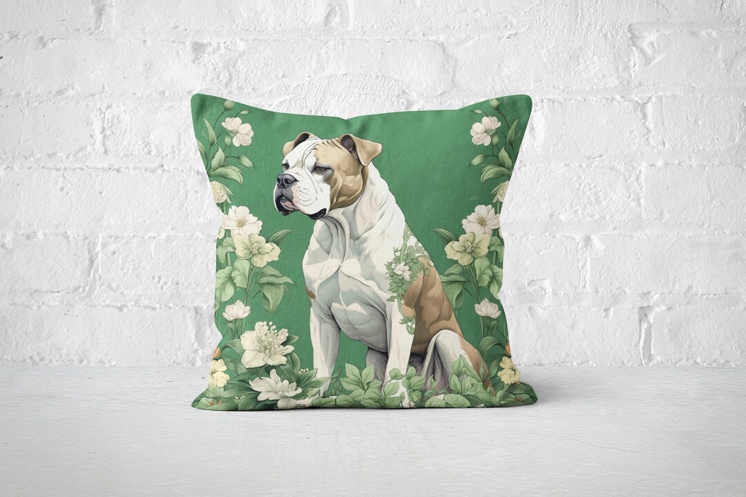 Boxer Dog Pillow Boxer Lover Gift William Morris Inspired, Green and White Floral, Distinctive