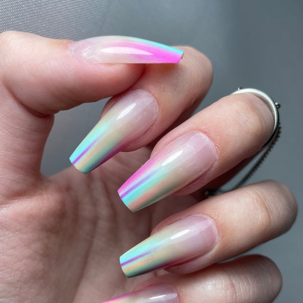 Ombre Rainbow Square Press On Nails | Colorful Streaks Design | High Quality Fake Nail Tips