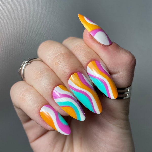 Almond Press On Long Nails for Summer | Bright Colourful Design | High Quality Fake Nail Tips