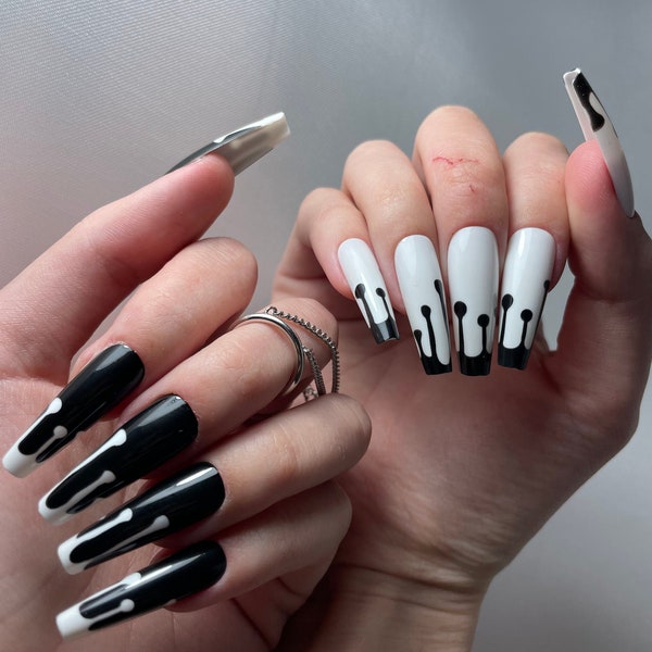 Black & White Drip Ballerina Press On Nails | Different Hand Colors Design | High Quality Fake Nail Tips