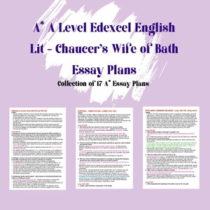以下が含まれることがあります： ピンクと白のポスターで、タイトルは「A* A Level Edexcel English Lit - Chaucer's Wife of Bath Essay Plans Collection of 17 A* Essay Plans」です。ポスターは3つのセクションに分かれており、それぞれ異なるトピックを扱っています。「女性に対する態度」、「コントロール」、「宗教に対する態度」です。各セクションには、エッセイプランのアイデアのリストが含まれています。