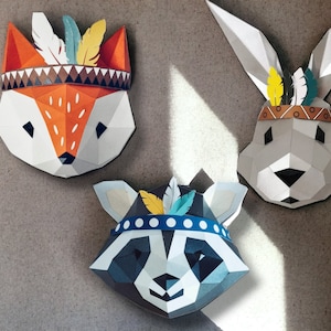 Unique 3D Paper Animals Set: Bunny, Raccoon, and Fox - Perfect for Tribal Decor