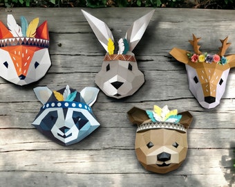 Whimsical 3D Tribal Animals Papercraft Set - Bunny, Raccoon, Fox, Bear, Deer - DIY Home Decor