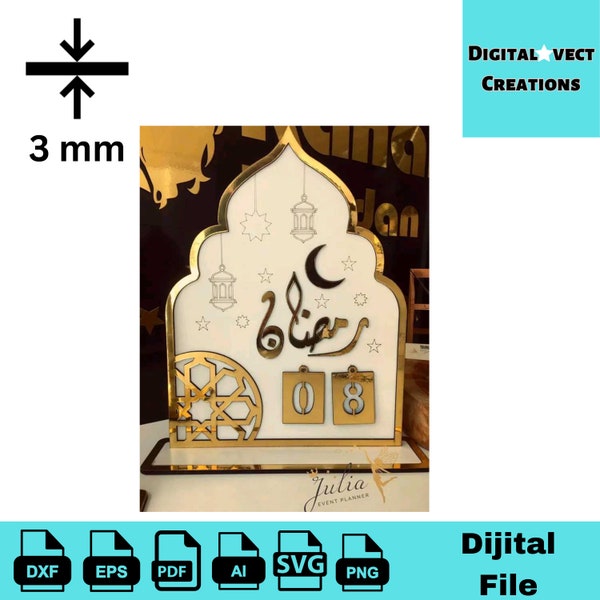 Hermoso calendario de Ramadán Ramadán Mubarak independiente, decoración de Ramadán - Archivos cortados con láser - SVG+DXF+PDF+Ai+Eps+Png Descarga instantánea