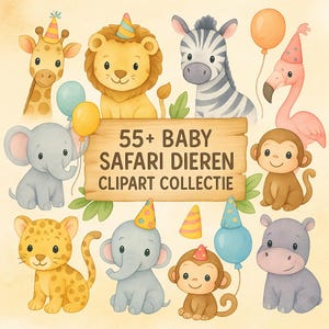 Clipart d'anniversaire de bébé, animaux de safari aquarelle, baby shower, téléchargement numérique, PNG, bébés animaux mignons, utilisation commerciale