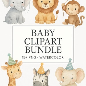 Clipart per feste di compleanno per bambini, animali del safari, oltre 15 PNG, acquerello, baby shower, stampe digitali, PNG carini, uso commerciale