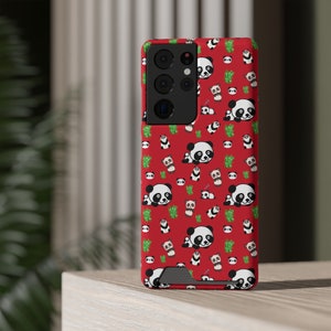 Adorable estuche para teléfono rojo con patrón de panda y tarjetero para la serie Samsung S22/S21: ¡estilo y comodidad combinados!