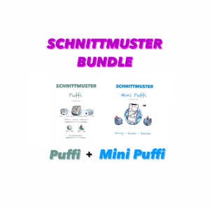 Könnte beinhalten: Ein digitales Download-Paket mit zwei Schnittmustern für ein großes und ein kleines Kissen. Die Schnittmuster heißen "Puffi" und "Mini Puffi". Die Schnittmuster sind auf weißem Hintergrund abgebildet.