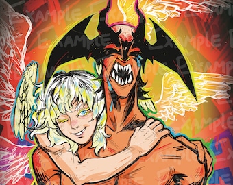 May include: A digital illustration of a demon with red horns and a black cape holding a person with white wings and blonde hair. The demon is crying tears of blood and the person is smiling. The background is a colorful abstract design.