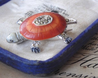 Gorgeous Vintage 1950s Marcasite Enamel TORTOISE Turtle Brooch