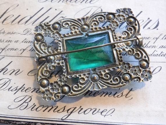 Wonderful Art Deco Emerald GREEN Czech Brooch wit… - image 4