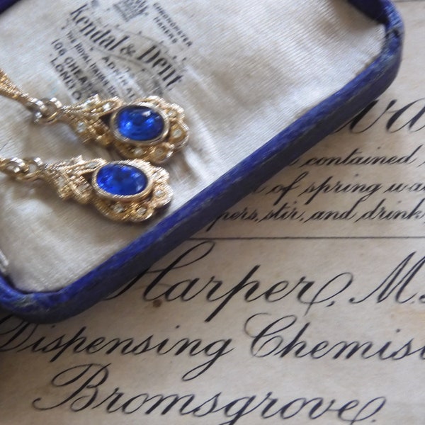 Lovely Elegant Vintage 1960s Gold Plated BLUE Crystal Drop Dangle Earrings