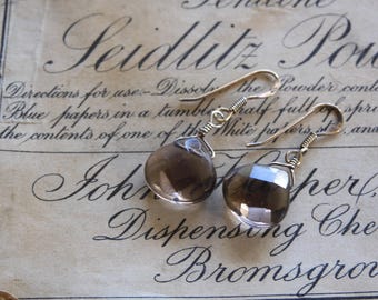 Boucles d'oreilles pendantes vintage en quartz fumé : argent sterling des années 1990