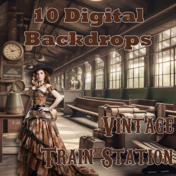 10 Vintage Train Station Digital Photography Backdrops - Steam Trains, Aged Benches & Classic Luggage for Photo and Design Projects