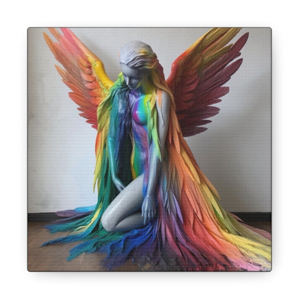 Rainbow Wings of Grace - Kneeling Angel Statue in Vibrant Splendor