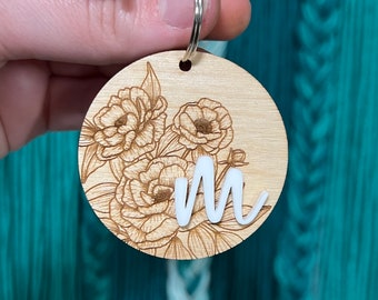 Personalized Wood Engraved Floral Keychain; Inexpensive Gift; Small Trinket; Spring Accessory