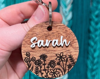 Personalized Wood Engraved Wildflower Keychain; Inexpensive Gift; Small Trinket; Floral Accessory