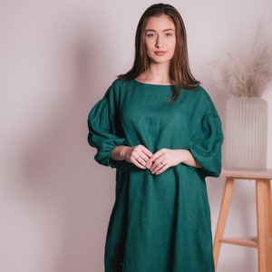 Women&#39;s Linen Dress, Hand Painted Dress, Floral Dress, Vintage Puff Sleeves Dress, Spring Linen Dress, Boho Dress,Romantic Cottagecore Dress