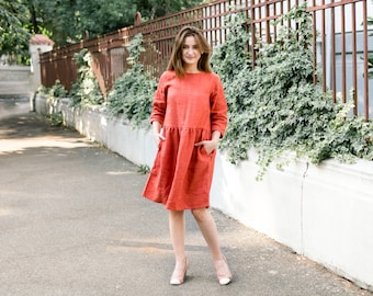Casual Linen Dress, Knee Length Dress, Modern linen dress with pockets, loose dress