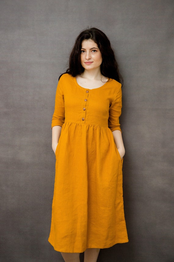 Modern Linen Dress with Belt , Maternity dress, Mid Length Classic Fit Outfit Vegan Fabric Lightweight Spring Autumn Style