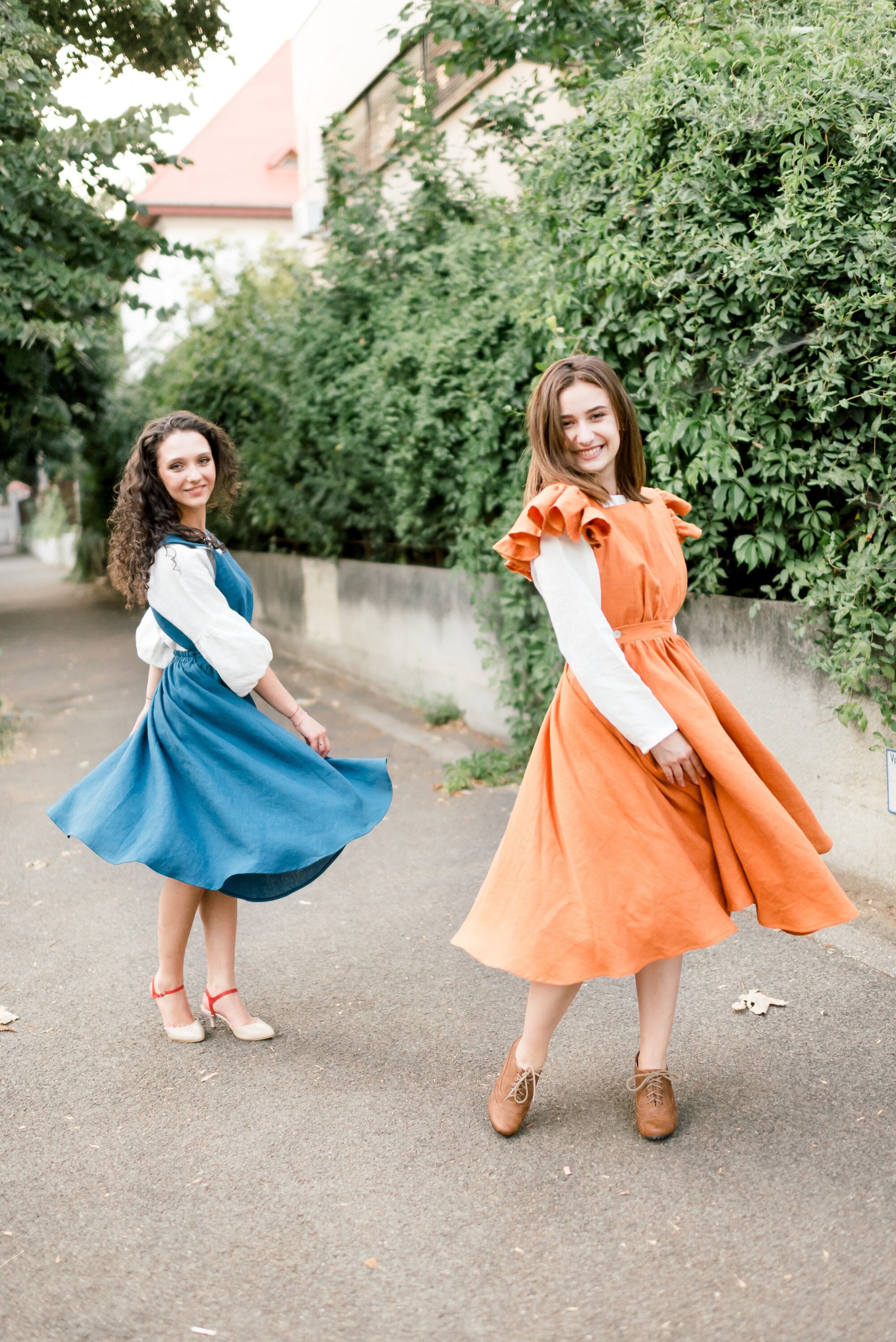 Linen Pinafore Dress, Knee Length Circle Dress, Cottage Core
