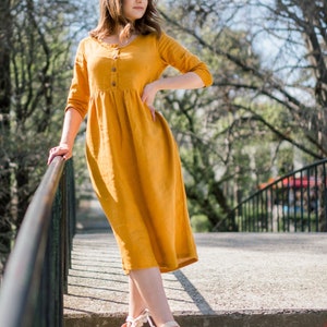 Women&#39;s Linen Dress, Spring linen Dress, Summer linen Dress, Vintage linen, Linen dress with buttons, Mustard linen dress