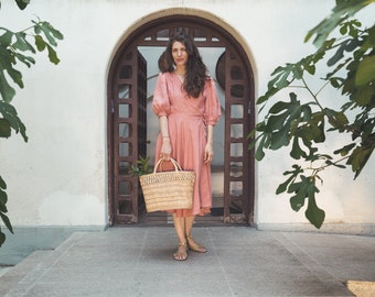 Womens Linen Wrap Dress | Romantic Dress | Linen Puff Sleeve Dress | Summer Dress | Linen Bridesmaid Dress | Boho Linen Dress