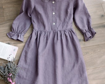 Vintage Linen Dress, Ruffle Collar Dress, Knee Length Dress, Cottage core Clothing, Retro Dress