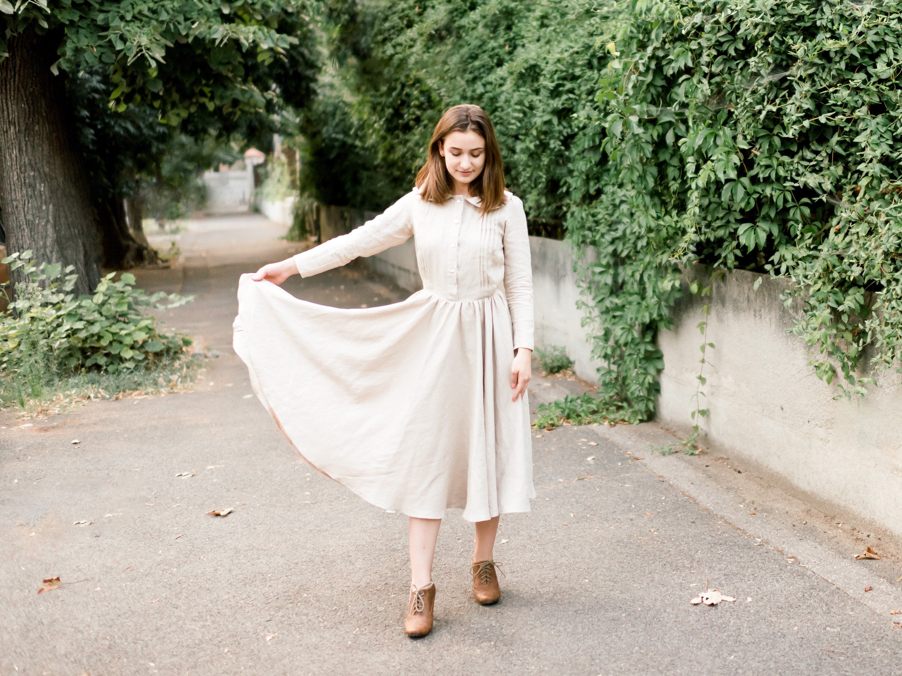 Vintage Linen Dress, Peter Pan Collar Knee Length Full Circle Cottage Core Clothing, 1960's Style Retro Dress