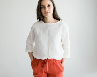 Womens linen blouse with Peter pan Collar and long sleeve, white blouse, Women white shirt | Linen Clothing | Loose Linen Shirt