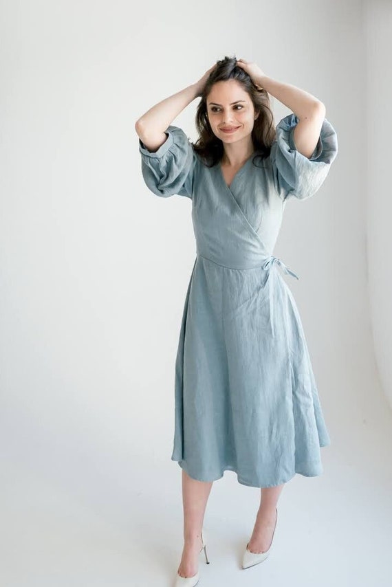 Light Blue Wrap Linen Dress for Women, Three Quarter Puffy Sleeve Feminine Linen Cocktail Dress, Lithuanian Organic Linen A Line Dress Midi