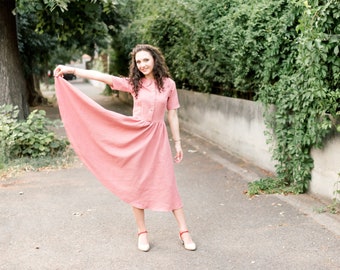 Vestido de linho vintage, vestido com gola Peter Pan, vestido circular na altura do joelho, manga curta, roupa básica de casa de campo, vestido estilo anos 1960, ajuste sob medida