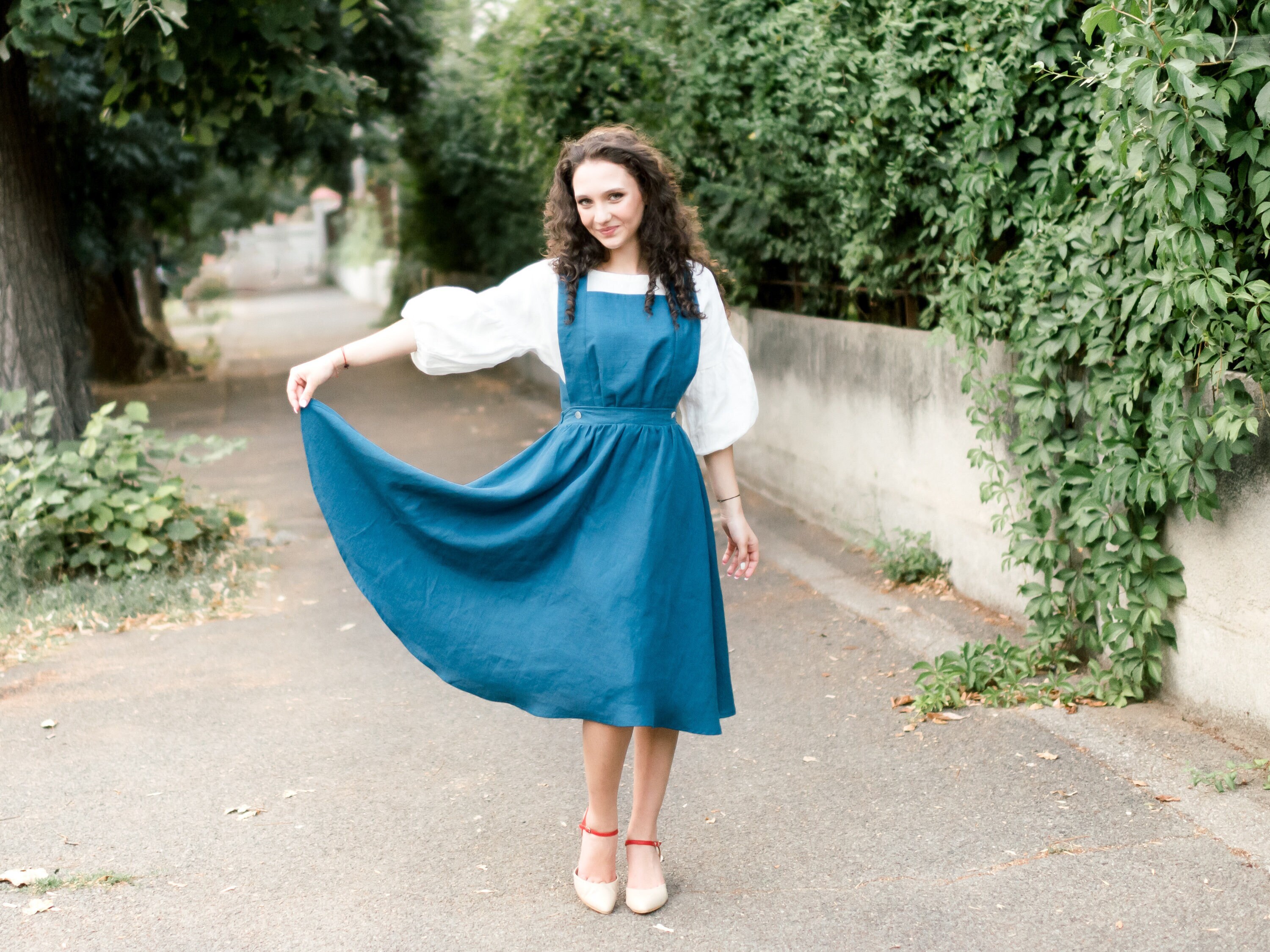 Linen Pinafore Dress, Knee Length Circle Dress, Cottage core Clothing, 1960's Style Dress, Retro Dress, Vintage Style Linen Pinafore Dress, Knee Length Circle Dress, Cottage core Clothing, 1960's Style Dress, Retro Dress, Vintage Style