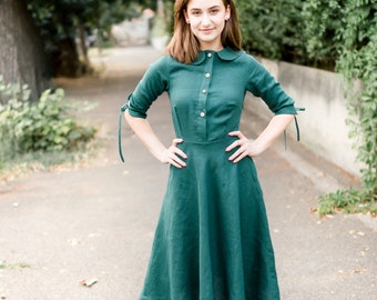 Vintage Linen Dress, Peter Pan Collar Dress, Knee Length